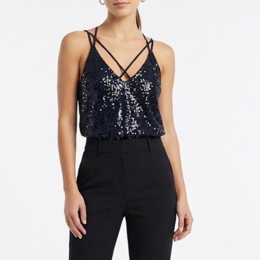 LOST + WANDER‎ Sparkly Sequin Metallic Strappy Navy Blue V-Neck Camisole  NWT